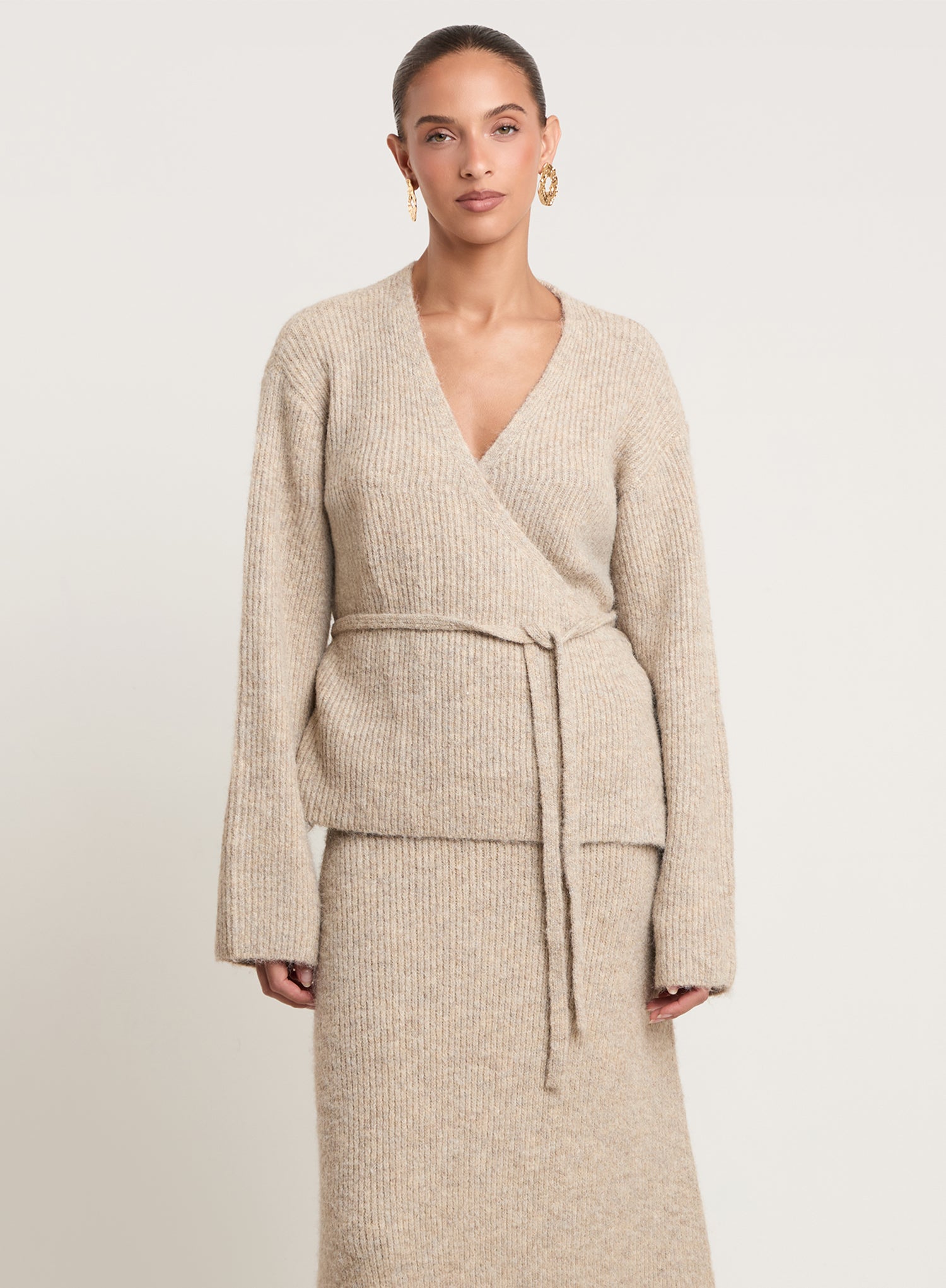 Oatmeal Knitted Tie Front Wrap Top